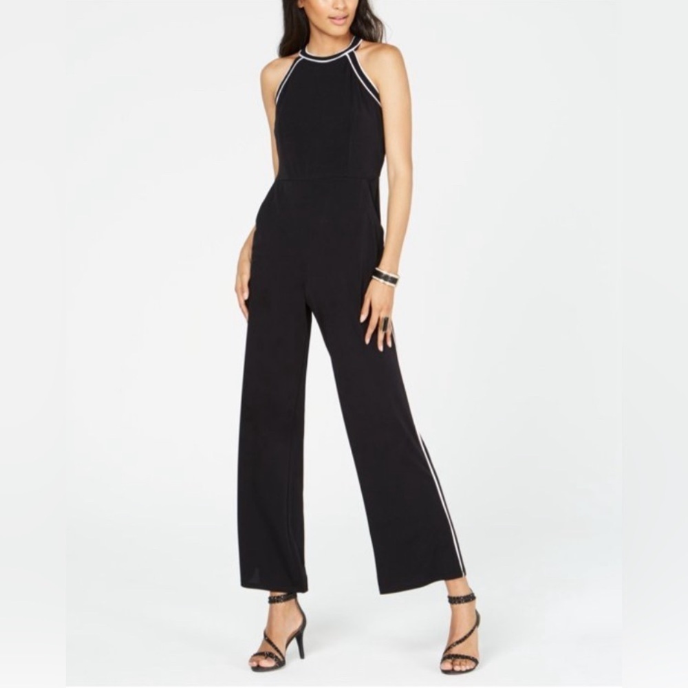 NWT INC Contrast Piping Halter Wide Leg Jumpsuit Large Black Stripe Wedding Chic